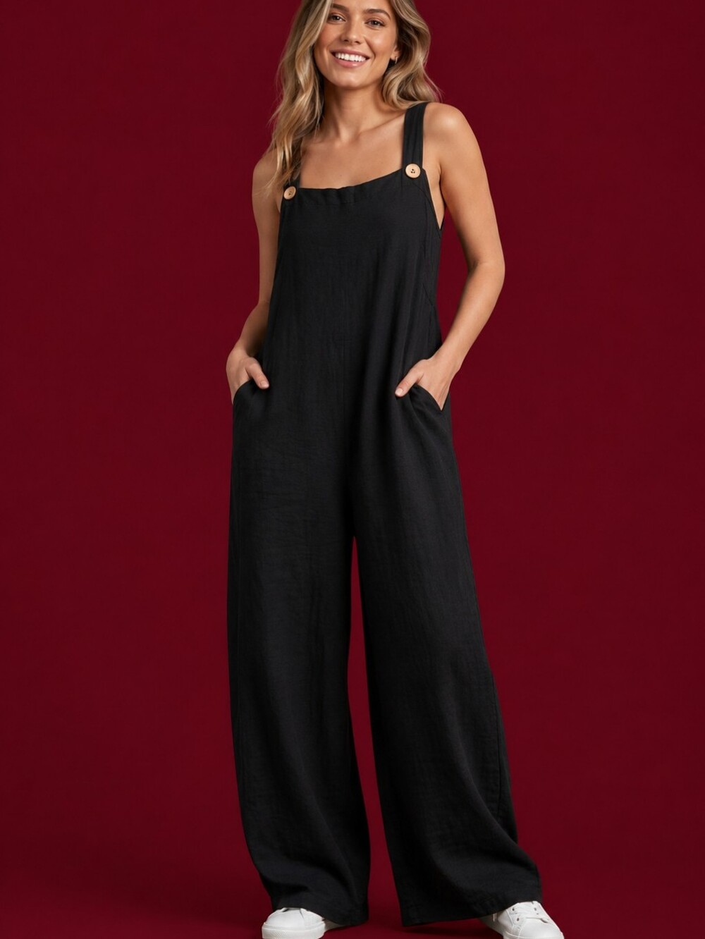 Vtg DACESLON Oversized Baggy Linen Blend Wide Leg Black Overall Jumpsuit